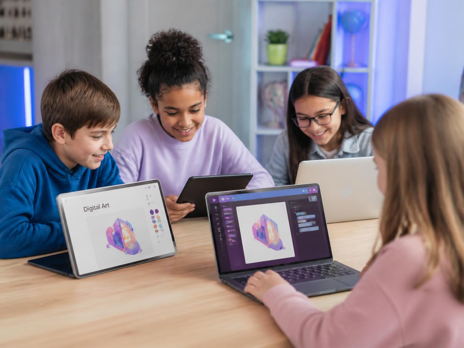 Niños de 8 a 13 años aprendiendo y creando juntos con portátiles y tabletas